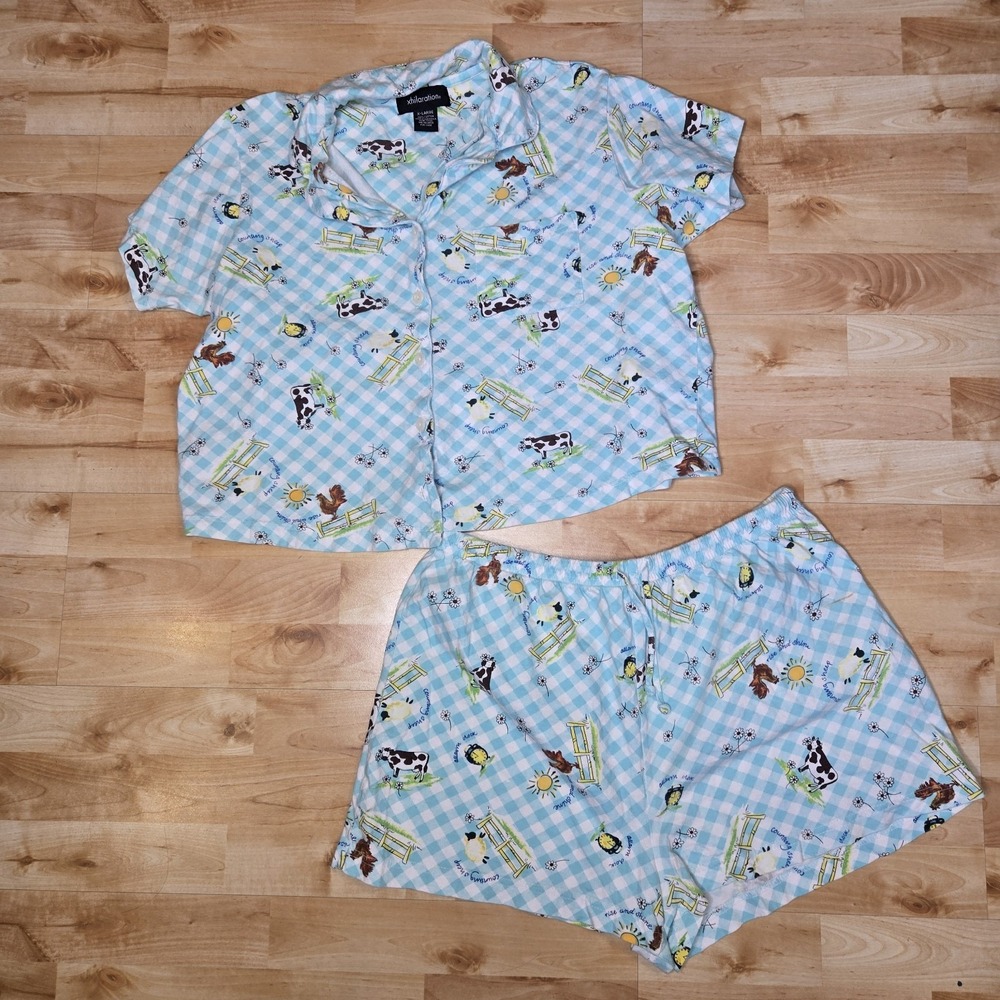 Xhilaration Pajama Set Juniors XL‎ Gingham Farm Animals Shorts Button Cotton Y2K